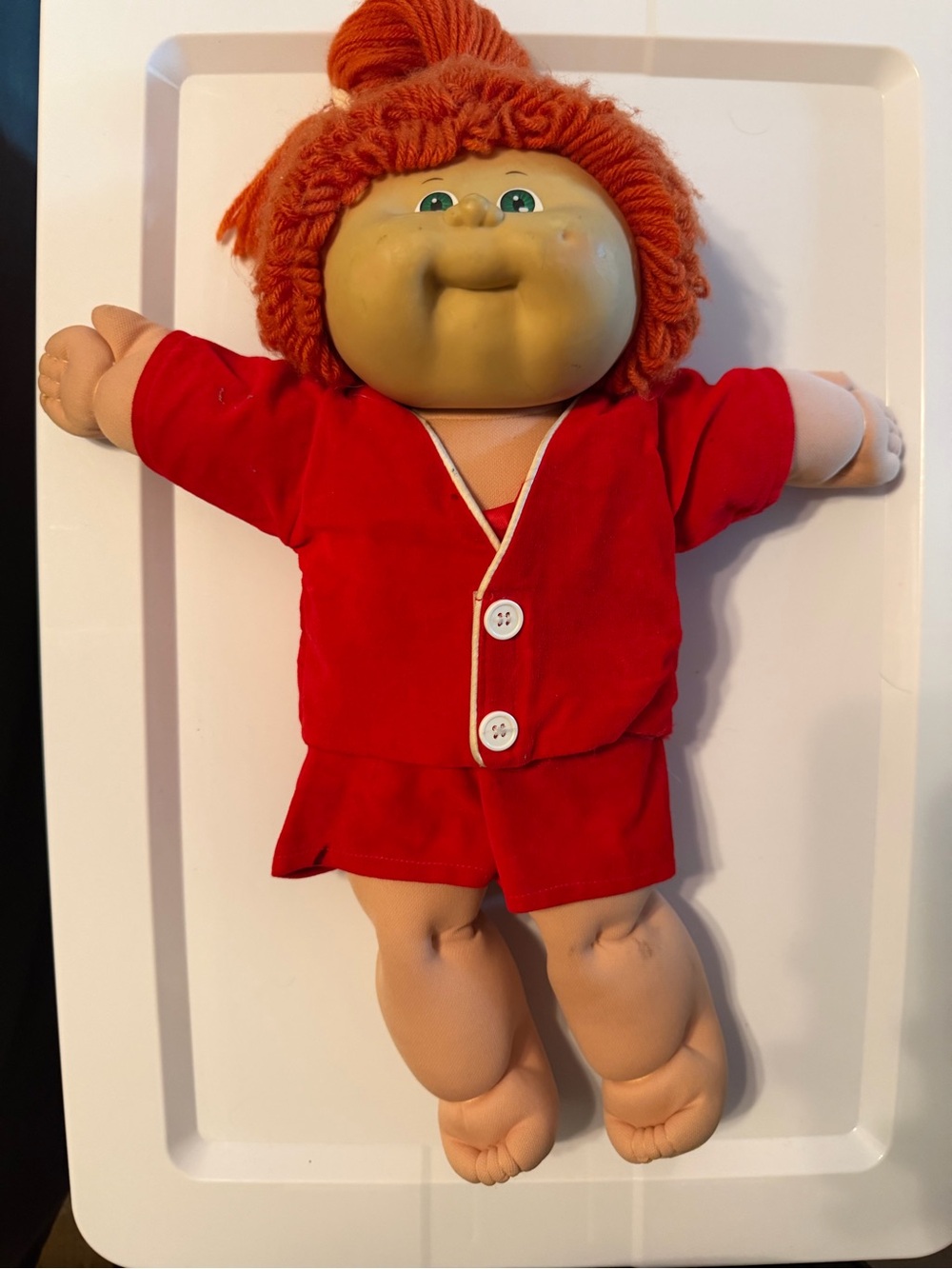Vintage Cabbage Patch–Style Red Outfit Doll with Orange Yarn Hair